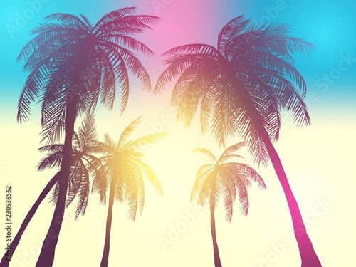 Fototapeta Naklejka Na Ścianę i Meble -  Row of tropic palm trees against sunset sky. Silhouette of tall palm trees. Tropic evening landscape. Gradient color. Vector illustration. EPS 10