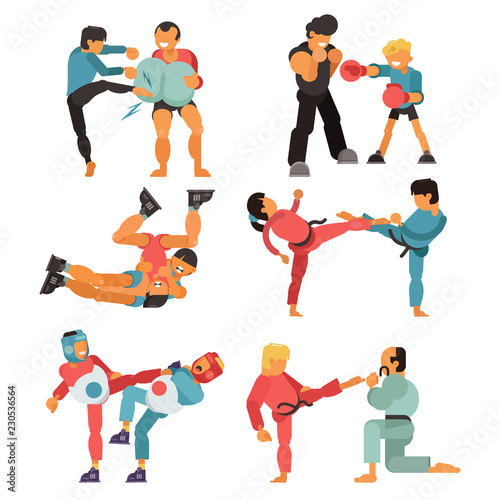 Martial art vector people character fighter training karate sport exercise and strong man fighting power combat practice illustration set isolated on white background
