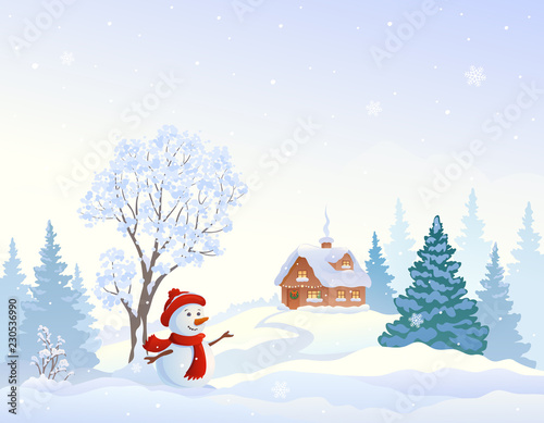 Christmas snowy morning and greeting snowman