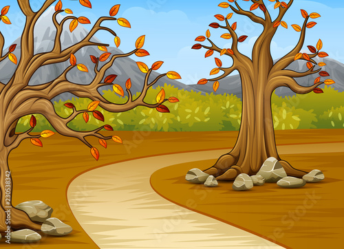 Cartoon of Beautiful autumn tree with a mountain background