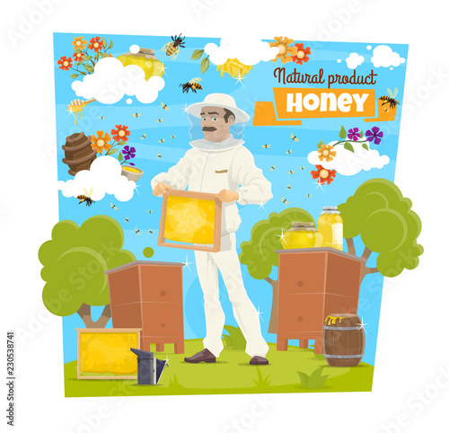 Honey, bee and beekeeper on beekeeping apiary