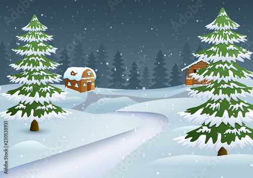 Christmas night scene with a snowy wooden house and fir trees
