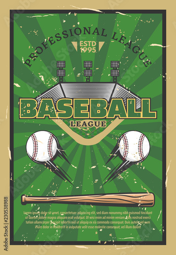 Baseball game stadium field with balls and bat