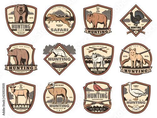 Hunting icons with animals, birds and rifle