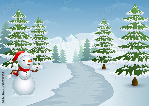 Snowman on the side of the road with snowy cypress trees © dreamblack46
