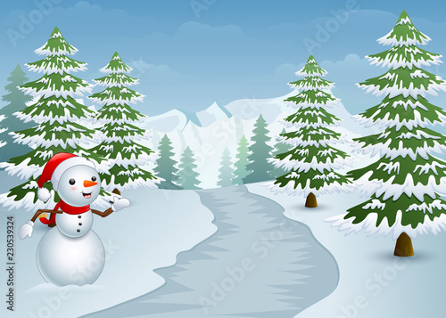 Snowman on the side of the road with snowy cypress trees