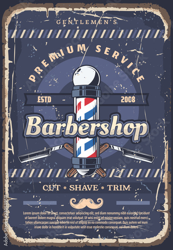 Barbershop pole, barber razor and mustache