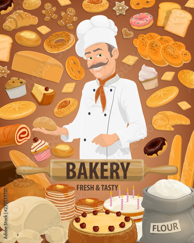 Bread, pastries and baker. Bakery shop