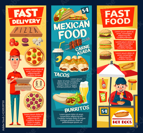 Fast food hot dog vendor, pizza and tacos