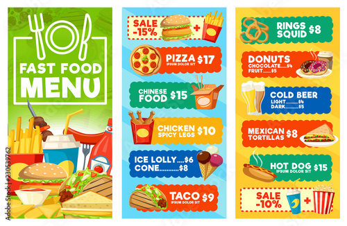 Fast food snacks and drinks menu