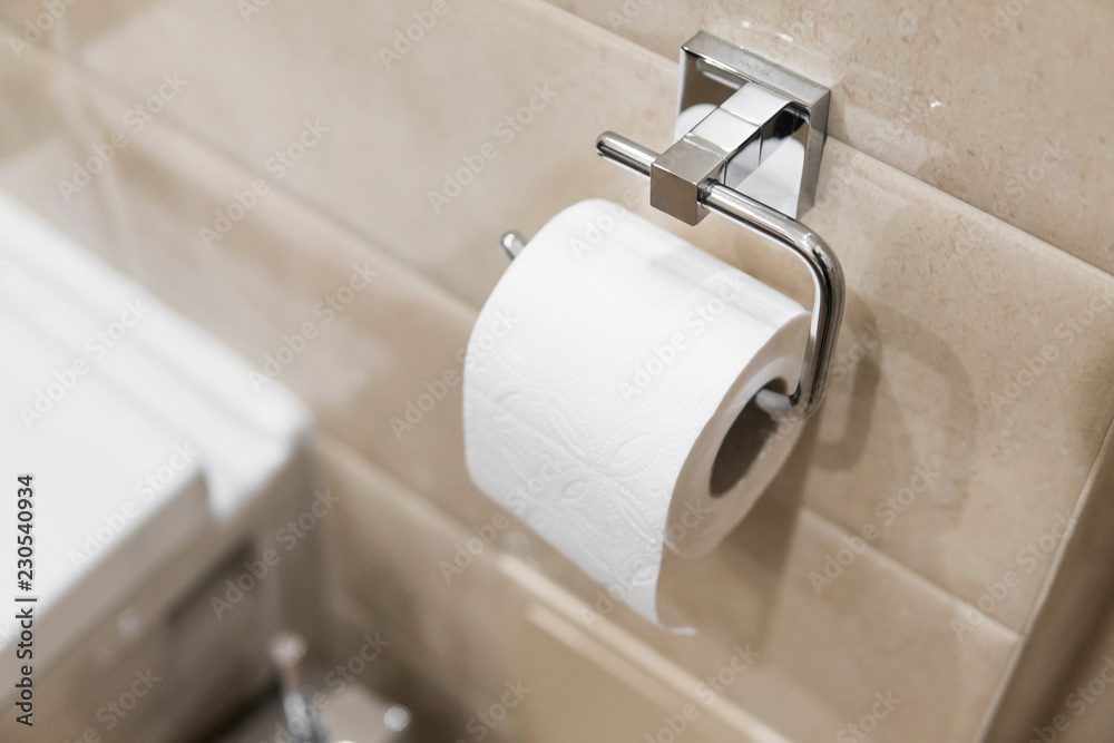 Roll of white toilet paper on metal paper holder. Roll of white toilet paper on metal paper holder.