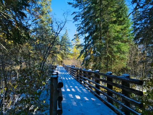 Pedestrian bridge over the Mississippi River is part of the Schoolcraft hiking trail in Itasca State Park, just a few yards from the headwaters after early autumn snowfall. photo