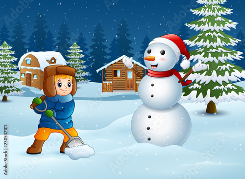 Cartoon boy playing in the snow on winter background