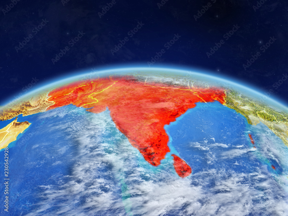 South Asia on planet Earth with country borders and highly detailed planet surface and clouds.
