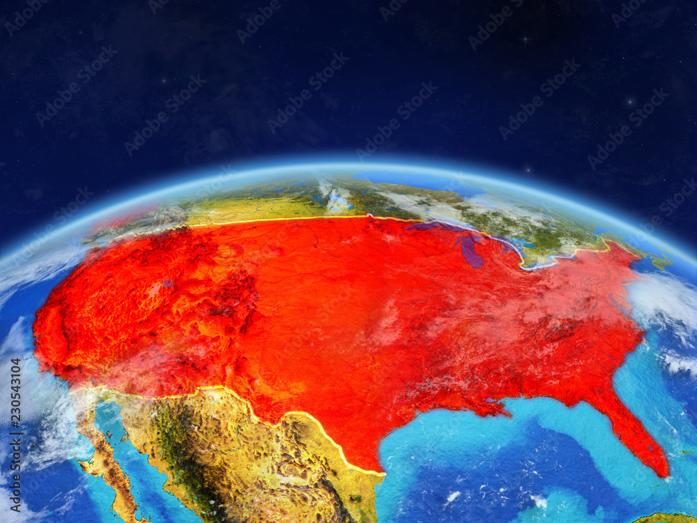 United States on planet Earth with country borders and highly detailed planet surface and clouds.