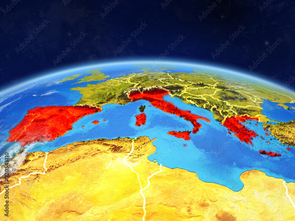 Southern Europe on planet Earth with country borders and highly detailed planet surface and clouds.