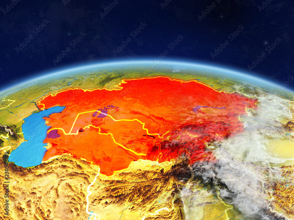 Central Asia on planet Earth with country borders and highly detailed planet surface and clouds.