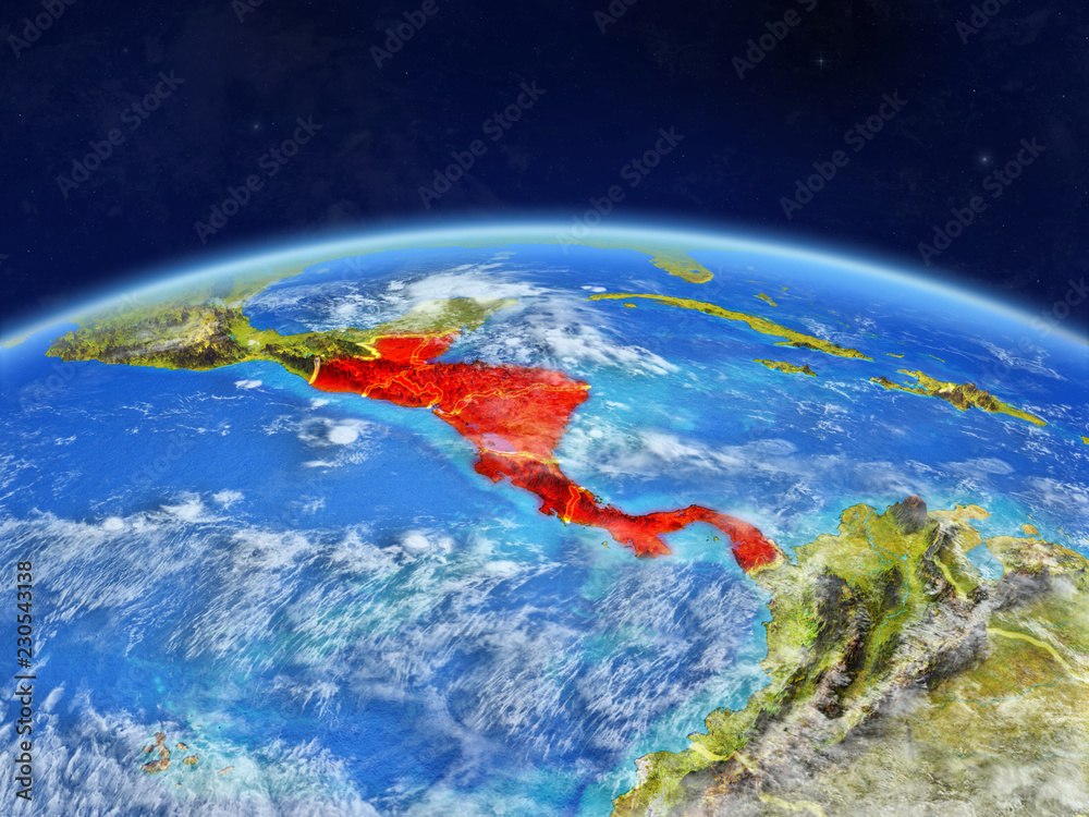 Central America on planet Earth with country borders and highly detailed planet surface and clouds.