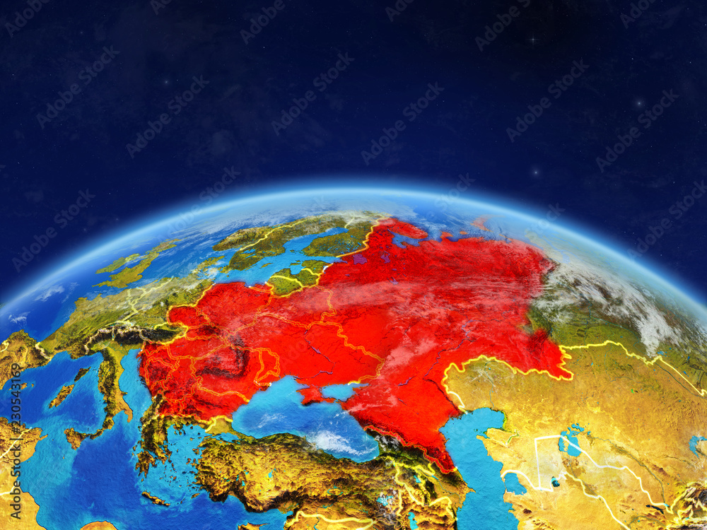 Eastern Europe on planet Earth with country borders and highly detailed planet surface and clouds.