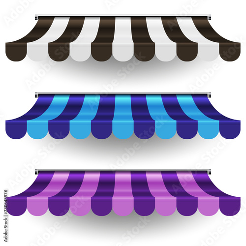 Commercial Vector Awning Series. Shop, Cafe, or Restaurant Symbol. Striped Multicolored Realistic 3D Awnings with Shadows Isolated on White Background. Design Element for Poster, Banner, Advertising.