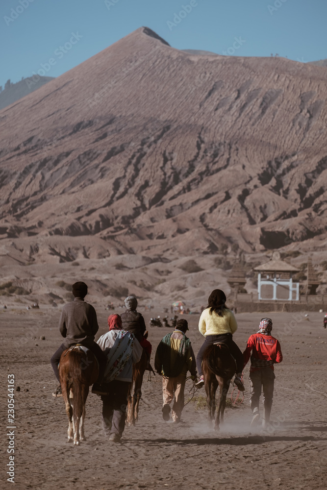 Tourists hike to Mount Bromo,The active Mount Bromo is one of the most visited tourist attractions in East Java, Indonesia
