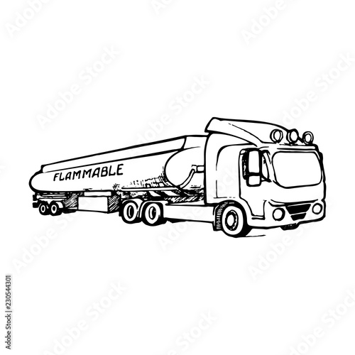 A tank truck is a special type of vehicle for transportation of liquid and gaseous commodities. Sketch style drawing isolated on a white background. EPS10 vector illustration