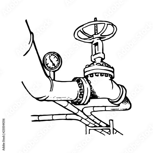 Crude oil or liquid gas transportation pipeline with a faucet and manometer on it. Sketch style drawing isolated on a white background. EPS10 vector illustration