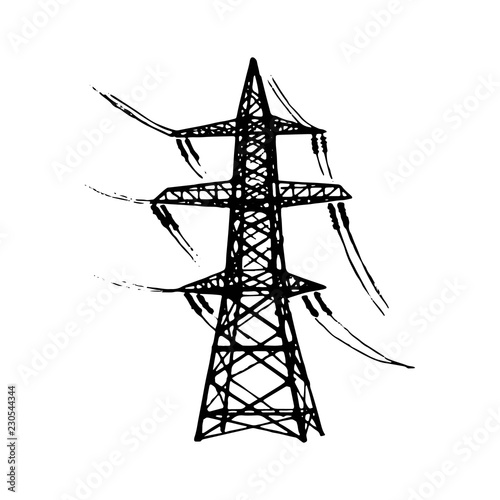 Overhead high voltage transmission line tower. Sketch style drawing isolated on a white background. EPS10 vector illustration