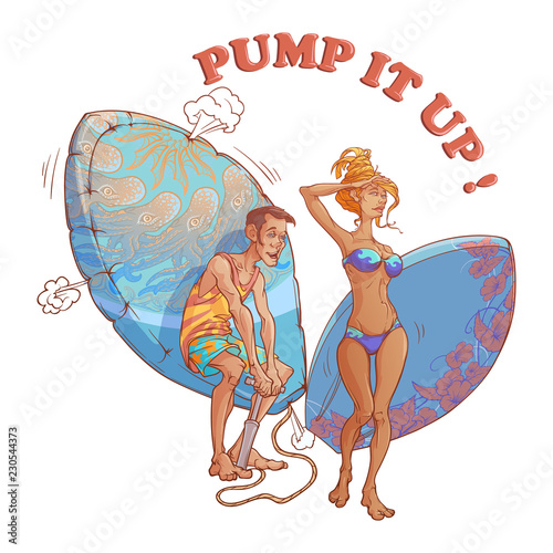 Stand up paddle surfers. Young mand and woman with inflatable surfboards. Funny situation with a second meaning. Brightly colored drawing isolated on a textured background. EPS10 Vector illustration.