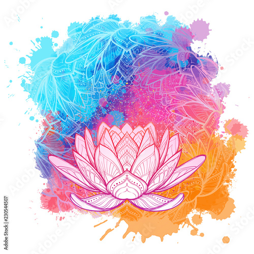 White lotus flower linear drawing on a watercolor textured background. Isolated on a white background. Postcard template, textile print. EPS10 vector illustration