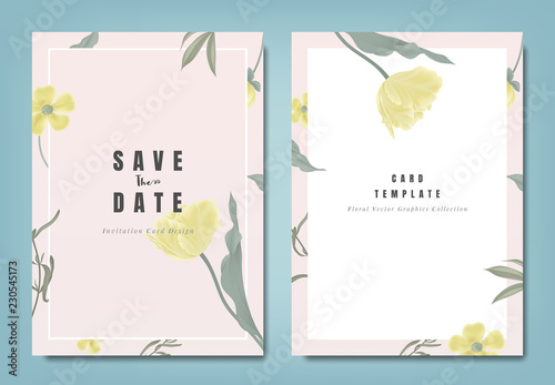 Botanical wedding invitation card template design, yellow tulip flowers and leaves on light red background, minimalist vintage style #230545173