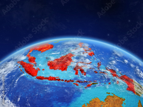 ASEAN memeber states on planet Earth with country borders and highly detailed planet surface and clouds.