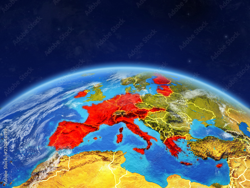 Eurozone member states on planet Earth with country borders and highly detailed planet surface and clouds.