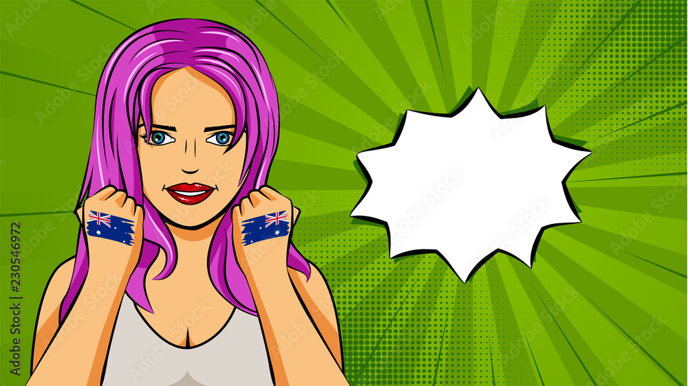 European woman paint hands of national flag Australia in pop art style illustration. Element of sport fan illustration for mobile and web apps