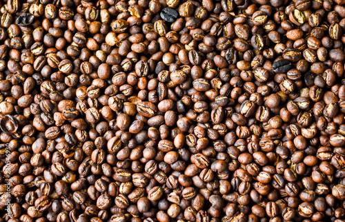 Roasted coffee berry beans close up. Selective focus.