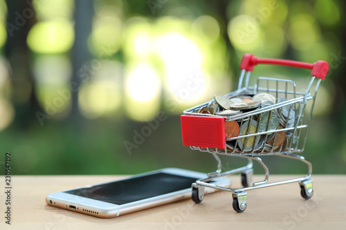 trolley with coins andcell phone on wood, idea for shopping and online payment using as business background