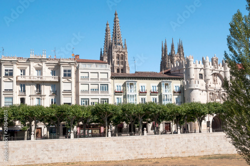 Walk with trees in the Spanish city of Burgos are historical facades and Gothic cathedral in the background photo