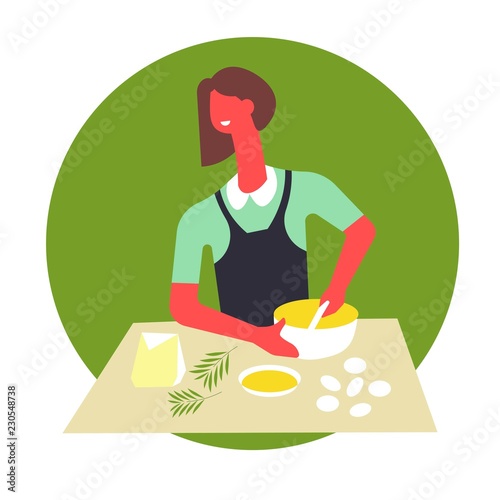 Woman in apron cooks food and serves in bowls. Female character prepares dishes on table.