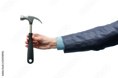 Male hand is holding a hammer isolated on the white background. Build your business.