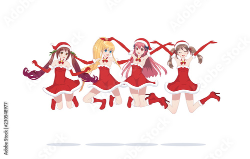 Joyful anime manga girls as Santa Claus in a jump