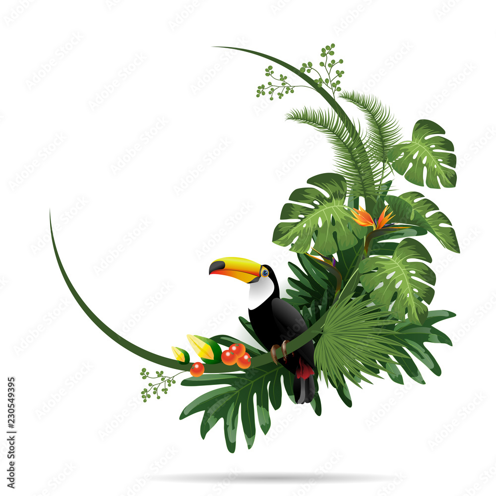 Obraz premium Exotic tropical leaf background in greeting template.