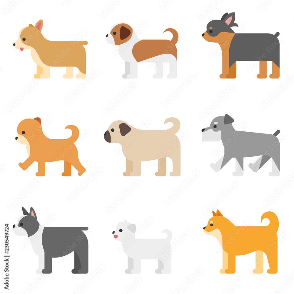 various kind of dog breed set. flat design style vector graphic illustration.