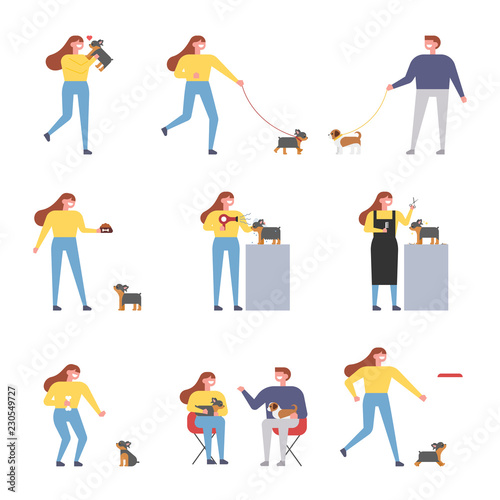 Owner and dog set. flat design style vector graphic illustration.