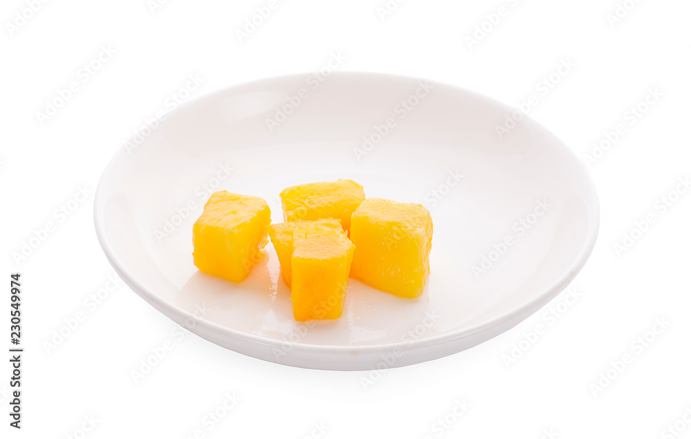 Slice mango fruit on white plate, Thai mango