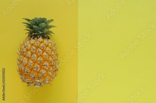 Pineapple fruit isolated on yellow color background for summer time with space for text.
