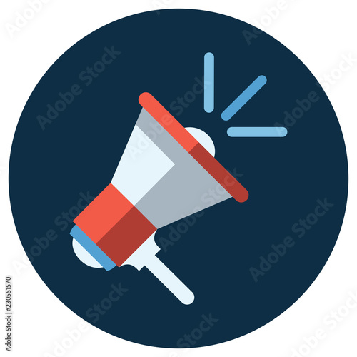Flat design vector business illustration concept Digital marketing megaphone in circle for website and promotion banners. Blue background.