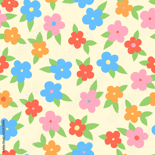 Simple colorful flowers with leaves, seamless pattern, vector