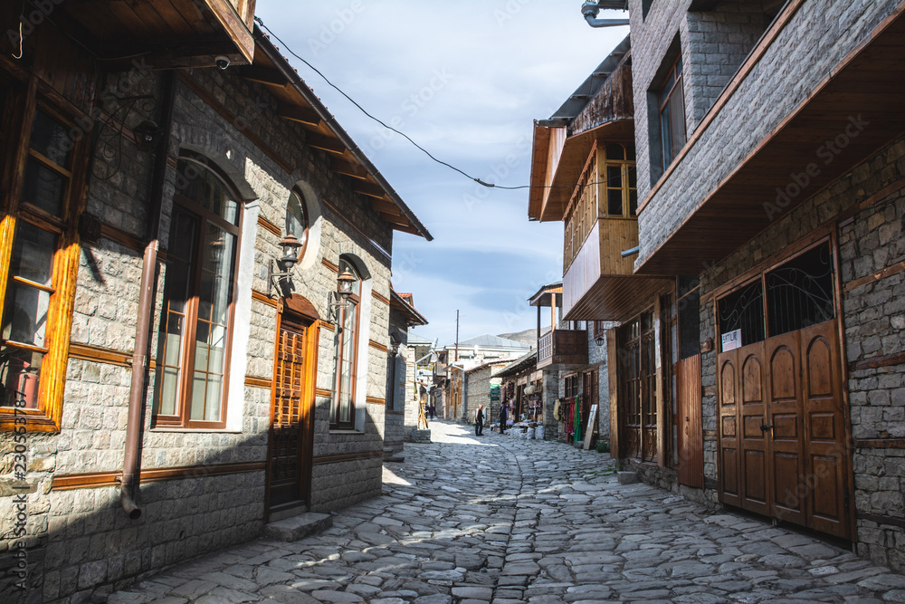Main central street of Lagich - a town in the Ismailly region, Azerbaijan. Lagich is a notable place in Azerbaijan, with its authentic handicrafts traditions