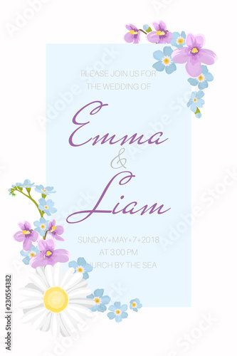 Wedding invitation template. Blue frame decorated with daisy camomile forget-me-not viola flowers in pastel colors on white background. Text placeholder. Vertical portrait layout. Vector illustration.