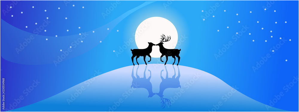 Naklejka premium Vector illustration silhouette image of two lover reindeer kissing under full moon in the panorama night of Christmas winter background.